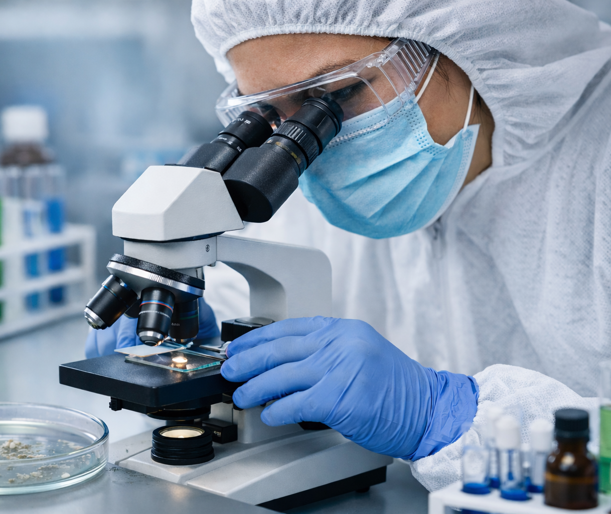 Image depicting a person performing a mycotoxin testing with a microscope.